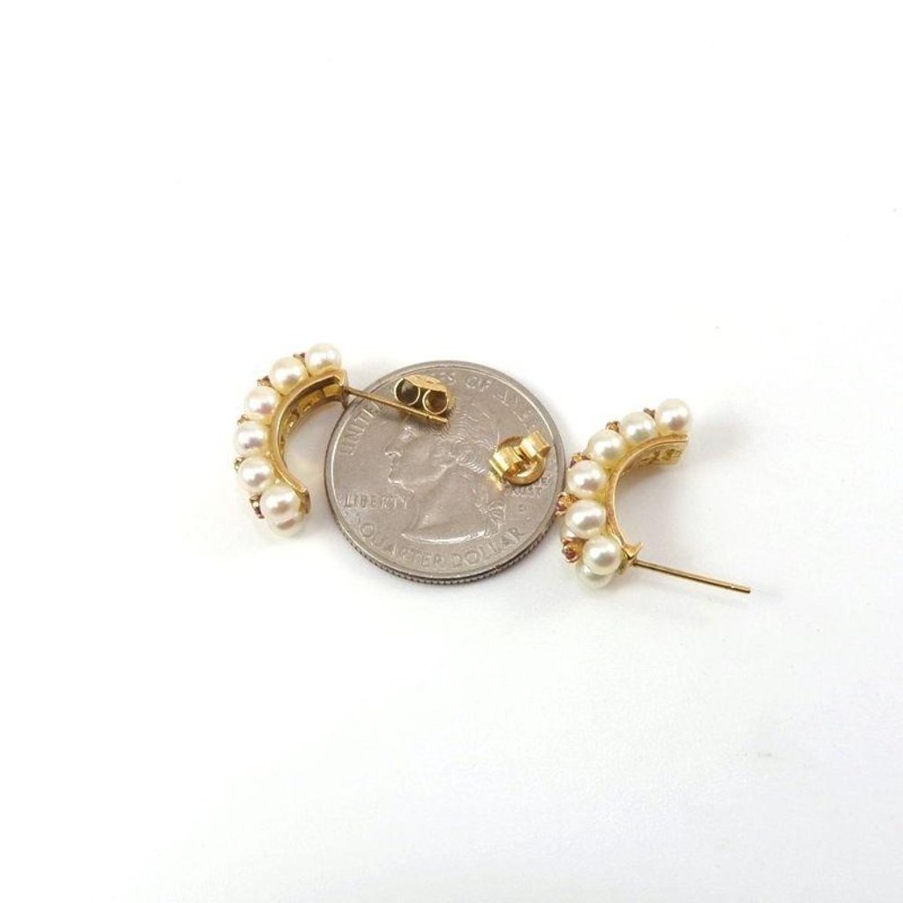 Solid 14k Yellow Gold Pearl Ruby Hoop Earrings - image 4